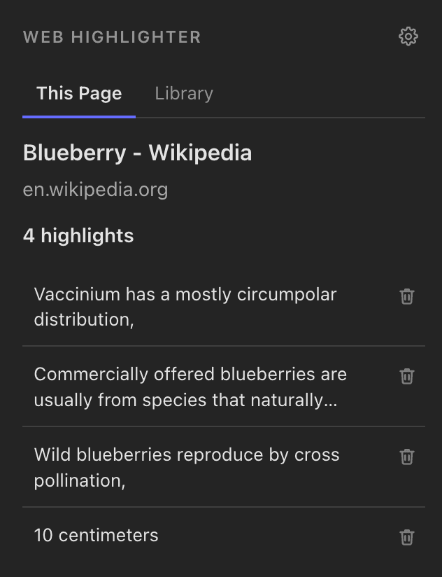 The Web Highlighter library listing saved highlights grouped by the website they came from.