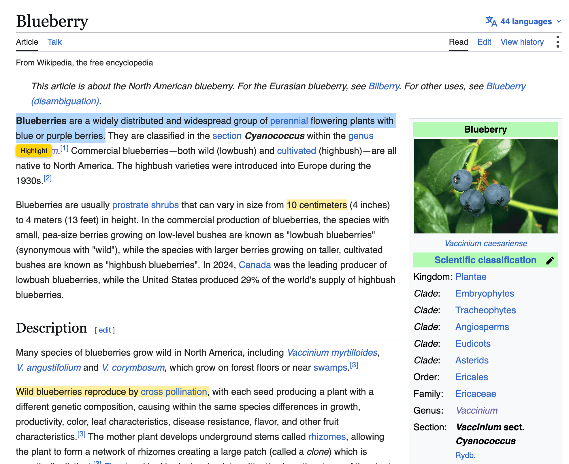 Web Highlighter in use: a paragraph of an article with two sentences highlighted in yellow.